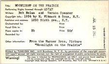 Tune-Dex Card Moonlight on the Prairie 1943 Bob Nolan ASCAP Lead Sheet picture