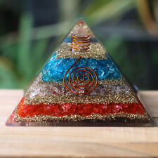 Red, Clear Quartz & Blue Layered Orgone Pyramid XXL 90mm Flower of Life EMF & 5G picture