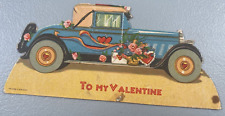 Vintage Valentine Card Car Flowers Made In Germany Windows Open Signed picture