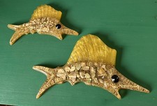 Vintage Lucite Acrylic Abalone Shell Swordfish Set of 2 Wall Art Hangings 6” picture