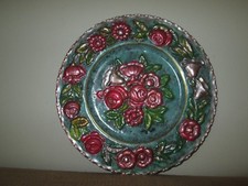 Vtg Hand-Painted Copper Metal 3D Floral Relief Wall Hanging Plate Shabby Chic picture