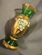 Antique Bohemian Czech Art Glass Emerald Gold Enamel Flower Vase picture