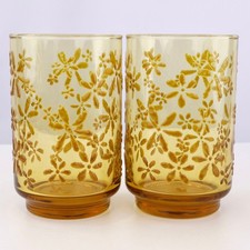 Vintage Libbey Gold Bouquet Amber Glass Tumblers Set 2 Floral Raised Pattern 5” picture