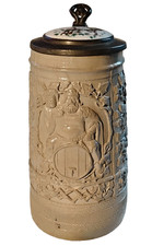 Late 19th Cent. German Stoneware Beer Stein w/Hand Painted Porcelain Lid Insert picture
