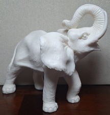 Vintage White Alabaster Bonded Resin Elephant Statue Trunk Up Artist Signed picture