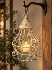 One Antique White Birdcage Candle Holder Chippy Hanging Lantern Birdcage Votive  picture