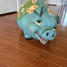 Vintage Giant Piggy Bank Universal Statuary 1976 Blue White Flowers Pig Floral picture