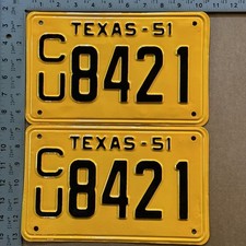 1951 Texas license plate pair CU 8421 YOM DMV HIGH QUALITY RESTORED 24727 picture