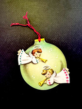 1 VTG Norcross Xmas Greeting Card Ornament 2 Sweet Angels Playing Holiday Horns picture