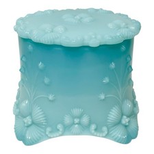 Fostoria 1886 Aqua Blue Milk Glass Puff Box Jar Small Trinket w/Lid Vintage 3” picture