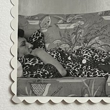 Vintage Snapshot Photograph Beautiful Woman Sleeping On Print Couch Nap picture