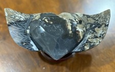 Polished Stone, Bat Carving Figurine Sculpture Black, Gray & White picture