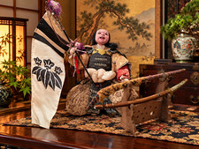Antique Japanese Meiji Period Musha Ningyo Samurai Warrior Doll Banner & Swords picture