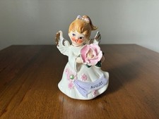 Vintage Lefton AUGUST Birthday Girl Angel Figurine 6224 4.75” Pink Flowers picture