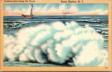 Vtg 1940s Surf Along Coast Sailboat Steamer Stone Harbor New Jersey NJ Postcard picture