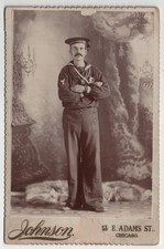 Antique Cabinet Card Johnson US Navy Sailor Uniform Hat Mustache Chicago IL picture