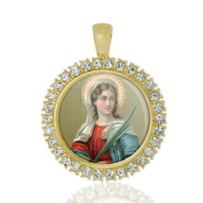 St Lucy Christian Round Medal Gold Tone Pendant with Rhinestones picture
