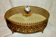 Matson Filigree Ormolu Jewelry Casket Velvet Glass Ball MCM Vintage Hardly Used picture