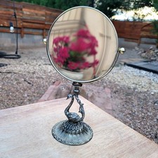 Vintage Ornate Bird Swan Silver Vanity Double Sided Pedestal Mirror W/5x 11