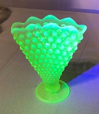 Fenton Hobnail Yellow Topaz Vaseline Glass Fan Vase/Glows/Opalescent Rim & Base picture