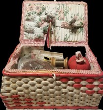 Sewing Basket With Contents, Antique Wooden Spools, Thread, Thimbles, Whatnots picture