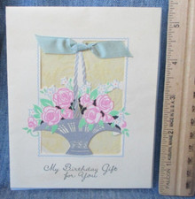 VASE BASKET FULL OF PINK ROSES Vintage Birthday Greeting Card 1920's 1930's OS59 picture