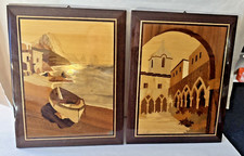 Vintage Italian Legno Intarsiato Inlaid Plaques Rowboat and Buildings picture