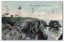 1908 US Lighthouse Exterior Tower Cliff Newport Oregon Vintage Antique Postcard picture