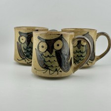 Owl Stoneware Mug Speckled Glaze Folk Art Hand Decorated 70s VTG Set of 3 picture