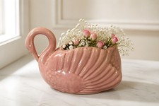 Vintage pink ceramic swan planter with a glossy finish 5.5” Tall. Signed by Eliz picture