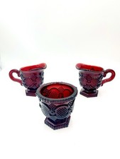 Avon 1876 Cape Cod Collection Ruby Red Glass 2-Creamer and Sugar Bowl Set picture