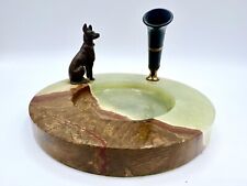 Vintage Fountain Pen Holder Sheaffer Ash Tray Green Onyx Marble w/ Bronze Dog picture