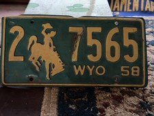 1958 Wyoming License Plate WYO Bucking Horse 2 7565 Green Yellow picture