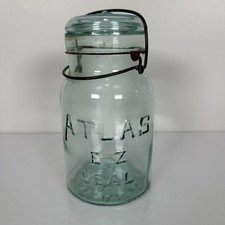 VINTAGE GREEN GLASS HAZEL ATLAS E - Z SEAL Quart CANNING JAR picture