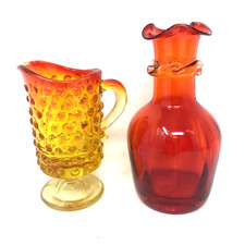Art Glass Amberina Hobnail Glass Footed Pitcher & Handblown Vase MCM Mini Set 2 picture