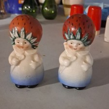 Vintage Strawberry Head Girl Ceramic Salt & Pepper Shakers Set of 2 Red White picture