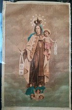 Vtg Religious Painting Print on canvas monogram RAS Immaculate Conception  picture