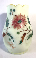 Victorian Custard Satin Glass Dimpled Vase-Enameled Floral & Leaves Decor    7