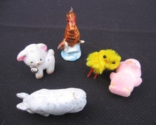 VINTAGE MINIATURE ANIMAL FIGURINES ~ Ceramic ~ Fuzzy Flocked ~ Plastic ~5 PIECES picture