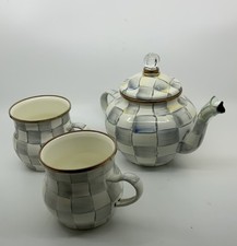 MacKenzie Childs New 4 Cup Tea Kettle Set 2 Cups Gray Sterling Check FLAWS READ picture