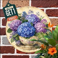 Beautiful Blue Hydrangea Flower Waterproof Round Metal Tin Sign Garden Plaque picture