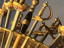 Set 12 Vintage Miniature MCM Toledo Style Sword Cocktail Pick Brass Enamel Grail picture
