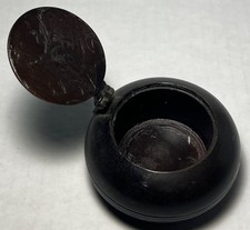 Vintage Black Hinged Lid Ashtray Round Tabletop Smokeless Ash Receiver picture