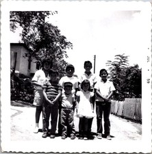 Seven Children Group Portrait Outdoors, 1959 Vintage Snapshot Photo picture