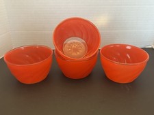 Set of 4 Glasbake Sue Bee Honey Red Orange Swirl Glass Bowls MCM 1950's picture