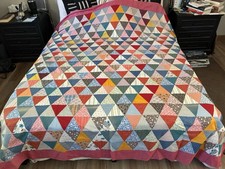 Vintage DIAMOND Patchwork QUILT TOP Calico Feedsack Prints HOMEMADE Cottage Core picture