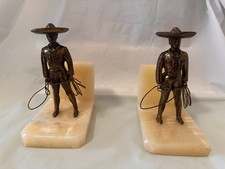 Vintage Artemetalica Mexico Charro Onyx Bookends Bronze Finish Cowboy Pair picture