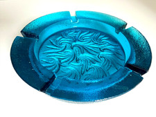 Vintage L.E. Smith Sand Scroll Ashtray Peacock Blue MCM Art Glass 5 Rests 7 inch picture