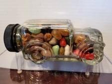 VINTAGE CLEAR 1930'S SEDAN CAR GLASS CANDY CONTAINER  w/ BLACK CLOSURE & PRODUCT picture
