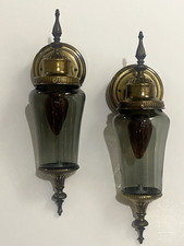 VTG MCM Farmhouse Set of 2 Smoked Glass Ornate Brass Wall Sconces Made In USA picture